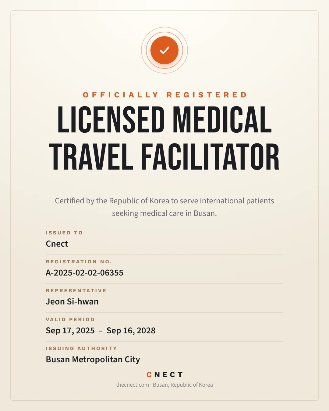 Cnect licensed medical travel facilitator certificate issued by Busan Metropolitan City